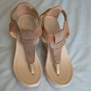 Women’s Tan Embellished T-Strap Wedge Sandals